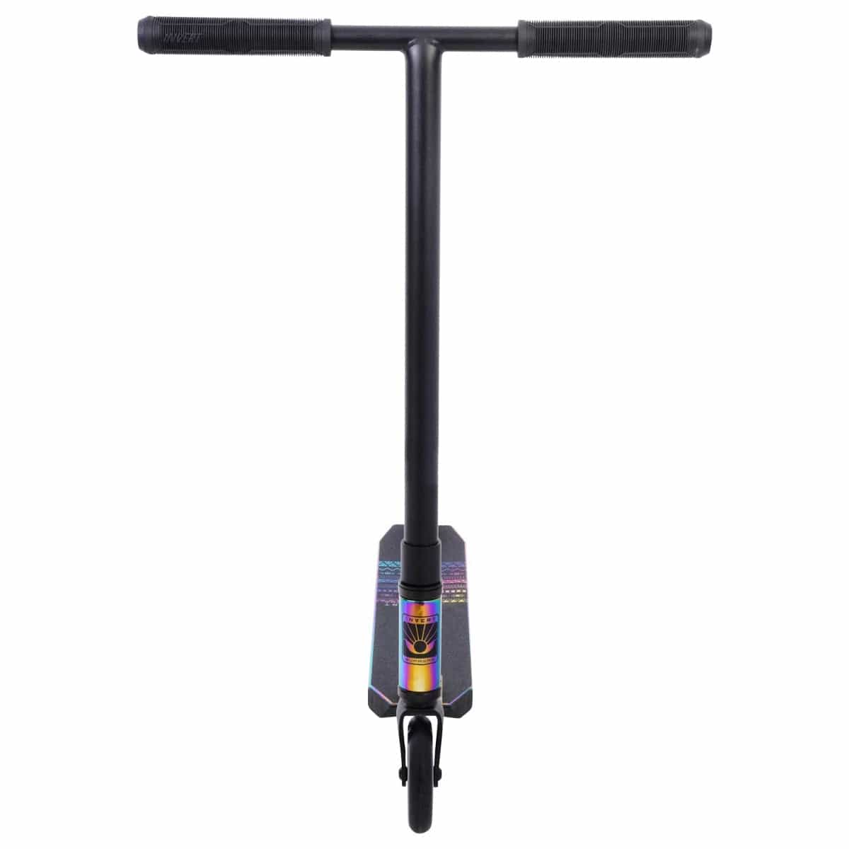 The Invert Supreme 1-4-8 Mini Kids Stunt Scooter in Neochrome is a sleek black model equipped with a T-shaped handlebar and boasts a vibrant graphic design on the deck. Ideal for children or skate park enthusiasts, it is displayed front-facing to highlight its clean and streamlined appearance.