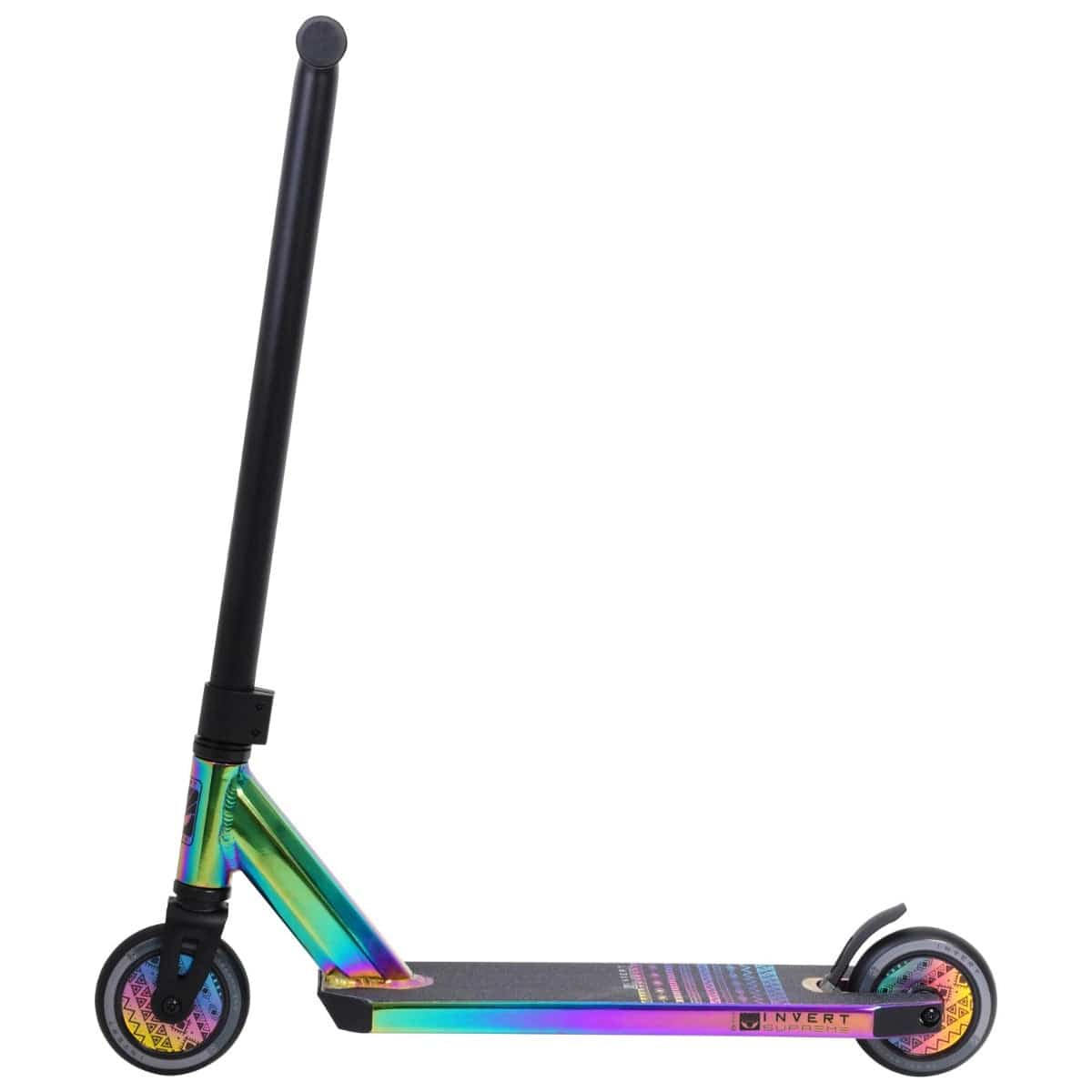 The Invert Supreme 1-4-8 Mini Kids Stunt Scooter - Neochrome showcases a vibrant gradient effect with shades of green, purple, and blue. This stunning scooter features a black handlebar and a holographic deck accented by matching wheels, making it ideal for the skate park.