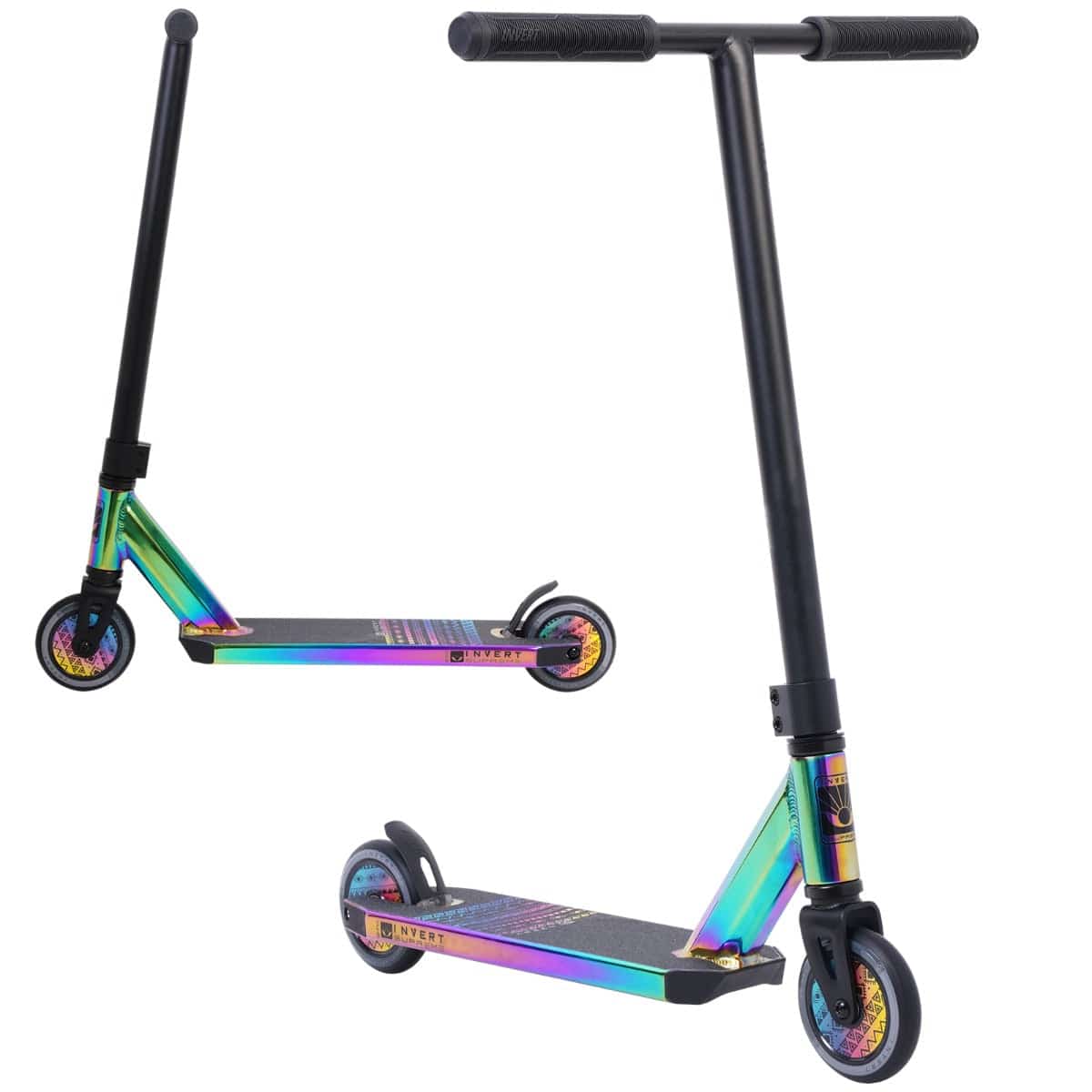 Introducing the Invert Supreme 1-4-8 Mini Kids Stunt Scooter in Neochrome by Invert. This eye-catching scooter boasts iridescent hues that shift to reveal a stunning rainbow effect, complemented by its black handles and deck. With two compact wheels and a robust, streamlined frame, it's an ideal choice for the skate park.