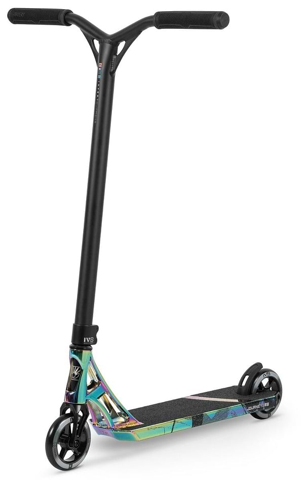 The Invert Supreme Journey 3 Jamie Hull Complete Stunt Scooter boasts a vibrant neochrome design with a black T-bar handle and grip tape on the deck. It features alloy core wheels and an ultra-lightweight deck for easy maneuverability, all set against a white background.