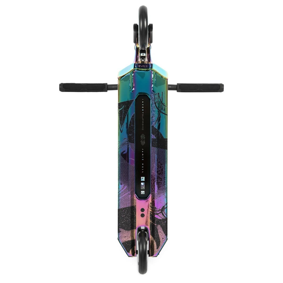 Top view of the Invert Supreme Journey 3 Jamie Hull Complete Stunt Scooter, featuring its ultra-lightweight deck embellished with graphic designs. The black handlebars and alloy core wheels enhance the vibrant neochrome and multicolored pattern on the deck in striking shades of green, pink, and black.