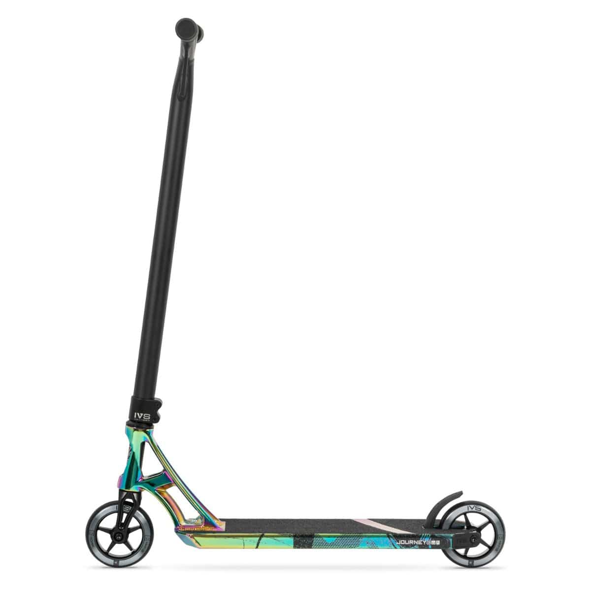 The Invert Supreme Journey 3 Jamie Hull Complete Stunt Scooter in Neochrome and Black showcases an ultra-lightweight deck in vibrant rainbow hues, paired with sleek black handlebars and alloy core wheels. Its streamlined, modern design is perfect for stunts and urban riding.