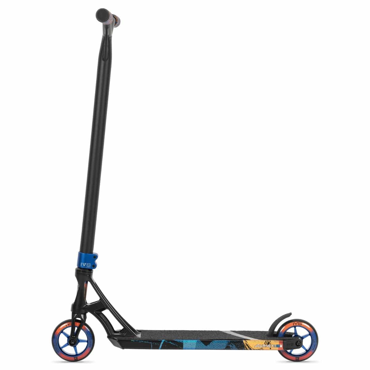 The Invert Supreme Journey 3 Jamie Hull Complete Stunt Scooter by Invert is an ultra-lightweight scooter that features a black frame with blue and orange accents. It includes a T-shaped handlebar, wheels boasting striking orange hubs, and a forged alloy deck with eye-catching graphics set against a white background.