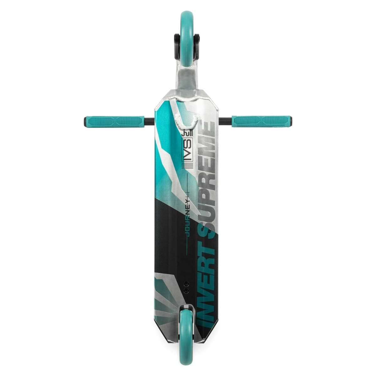 A top view of the Invert Supreme Journey 4 Jamie Hull Complete Stunt Scooter in Raw and Teal showcases its lightweight alloy deck emblazoned with "Invert Supreme." This sleek scooter features Typhoon cro-mo bars along with teal wheels and grips, seamlessly combining curved and straight design elements for an elegant ride.