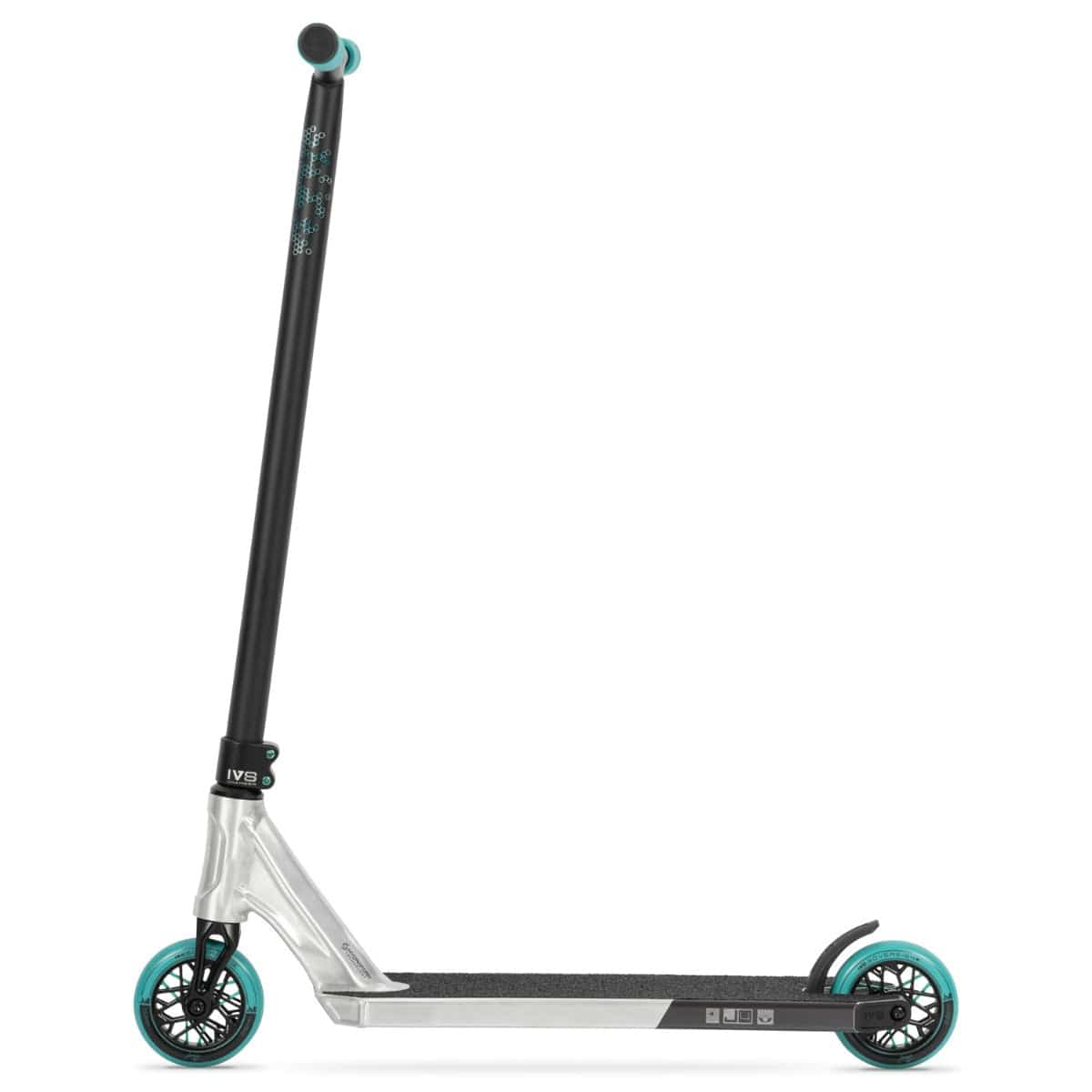 The Invert Supreme Journey 4 Jamie Hull Complete Stunt Scooter - Raw / Teal is a stylish scooter featuring a sleek silver and black design with turquoise-accented wheels and handlebars. It boasts Typhoon cro-mo bars, a lightweight alloy deck, and a textured surface, all showcased in a minimalist style against a white background.