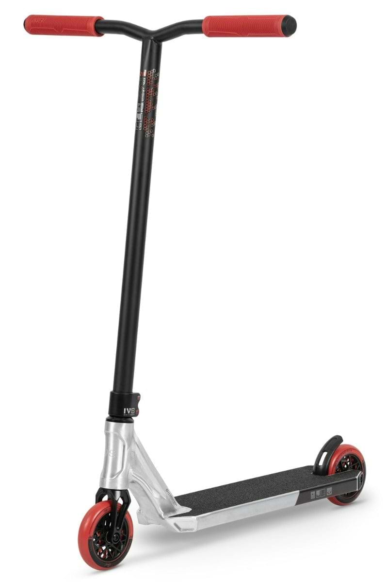 The Invert Supreme Journey 4 Jamie Hull Complete Stunt Scooter by Invert is a sophisticated raw and red stunt scooter with vibrant grips. It features a lightweight alloy deck, ensuring durability for performing tricks, complemented by a black deck and silver fork.