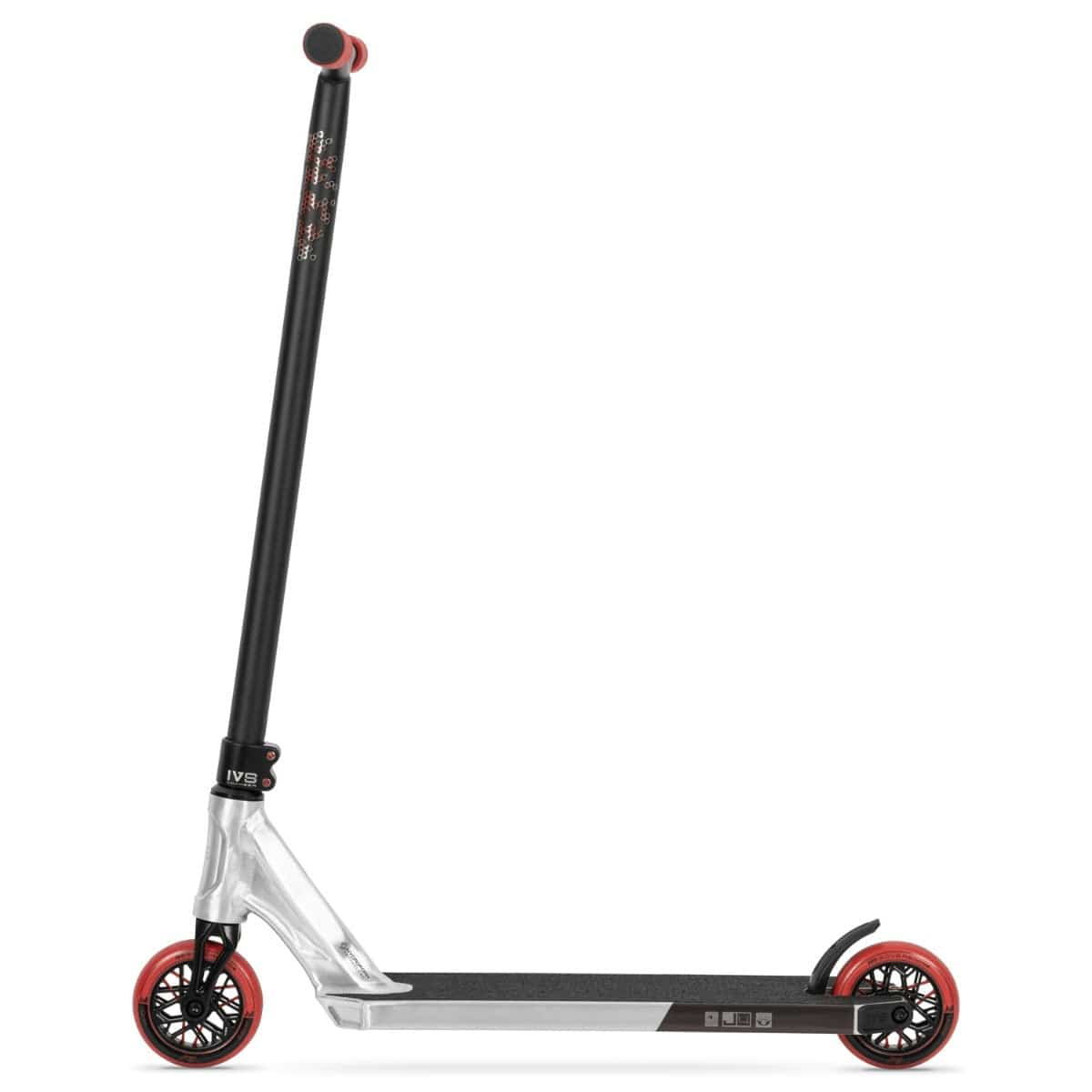 The Invert Supreme Journey 4 Jamie Hull Complete Stunt Scooter, in an eye-catching raw and red color scheme, features a lightweight alloy deck and sturdy handlebar. Its minimalistic design includes visible branding on the neck against a plain white background, complemented by its non-slip deck.