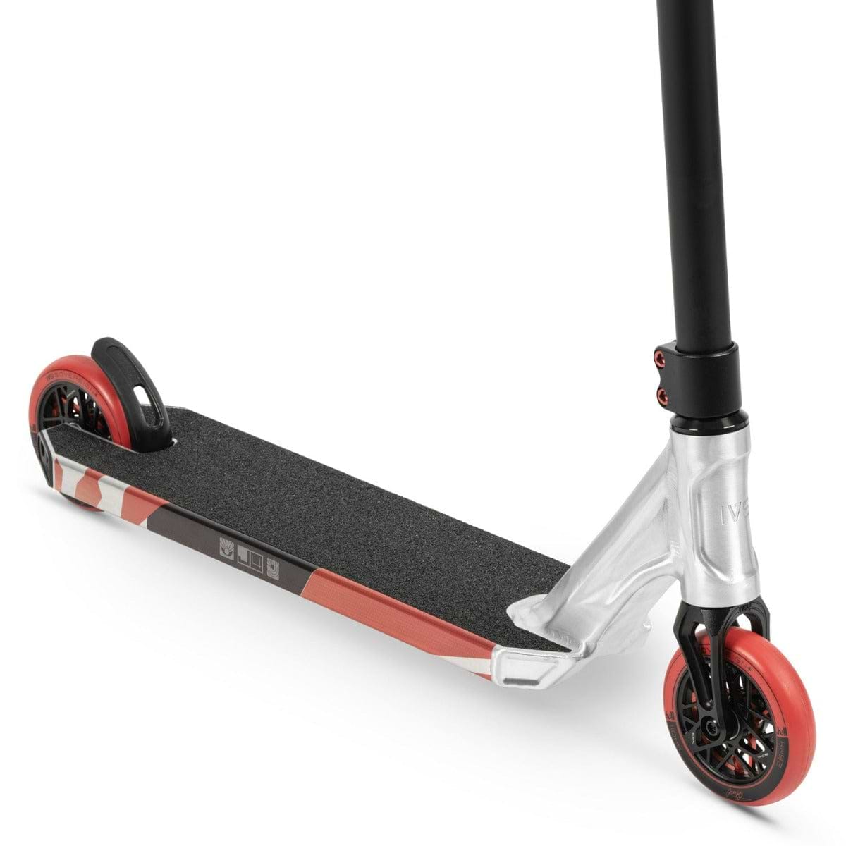 Get an up-close look at the Invert Supreme Journey 4 Jamie Hull Complete Stunt Scooter, showcasing its striking black grip deck and lightweight alloy construction. Featuring a raw silver frame combined with red wheels and a robust design, it's crafted for seamless rides and standout tricks.