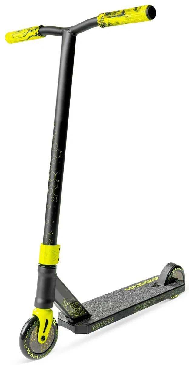 The Madd Gear (MGP) Viral Rave Complete Stunt Scooter - Neon features a black and yellow design with a textured deck, yellow hand grips, and matching accents on the wheels, fork, and clamp, displayed on a white background.