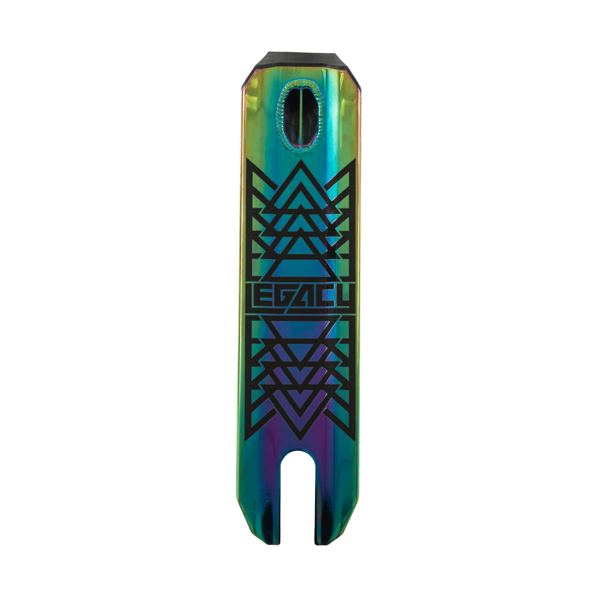 The image features the Legacy 1.5 Mini Pro Complete Stunt Scooter in a vibrant rainbow neochrome design with black geometric patterns and the brand name "LEGACY" prominently displayed in the center. Ideal for making an impression at the skatepark, its rectangular deck includes a unique cutout near the top.