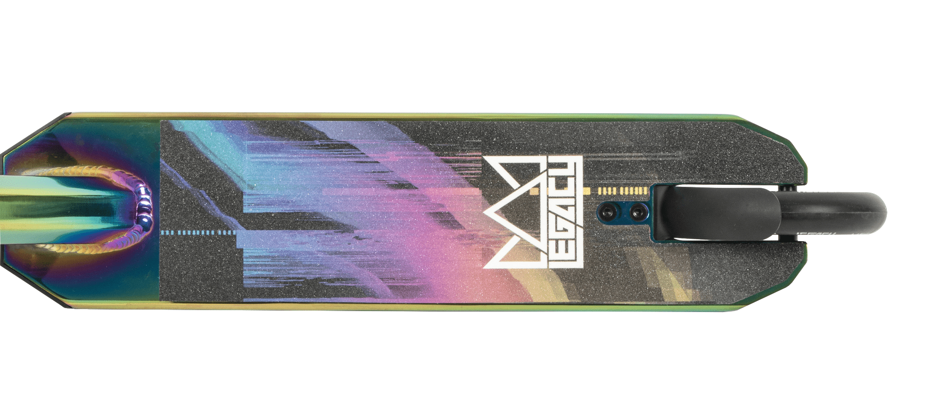 The Legacy 1.5 Mini Pro Complete Stunt Scooter boasts a vibrant deck with a mix of teal, purple, and black shades. It features abstract designs and prominently displays the word "LEGACY" in bold white lettering. Ideal for the skatepark, this scooter showcases a striking rainbow neochrome finish and has its rear wheel partially visible on the right side.