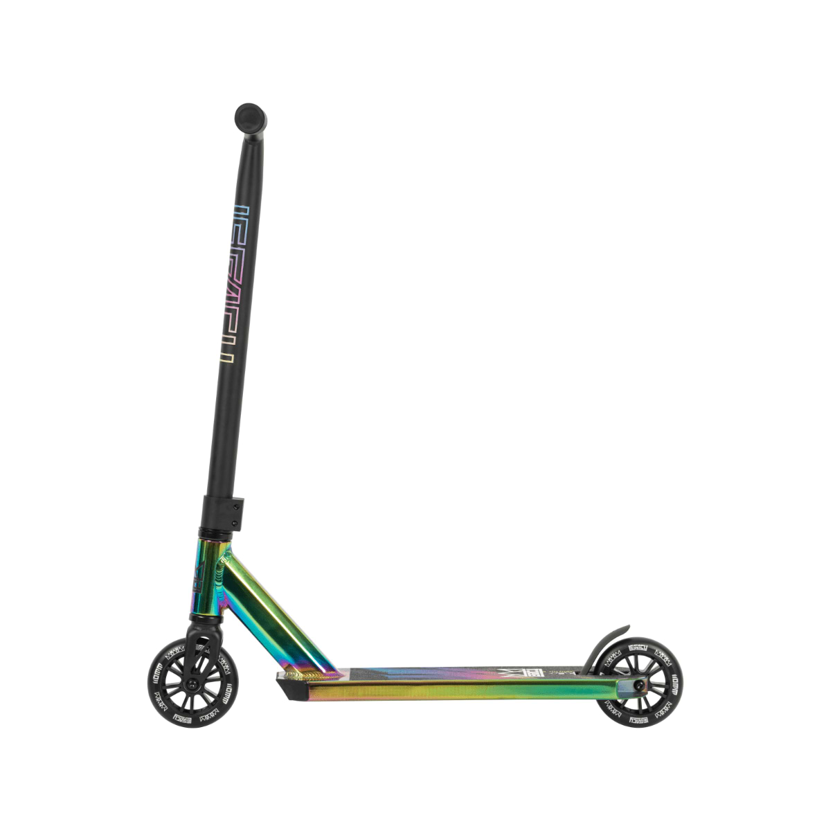 Introducing the Legacy 1.5 Mini Pro Complete Stunt Scooter by Legacy, featuring a striking rainbow neochrome deck and neck complemented by a sleek black handlebar. The compact wheels make it perfect for performing tricks at the skatepark, all wrapped up in a modern and stylish design.
