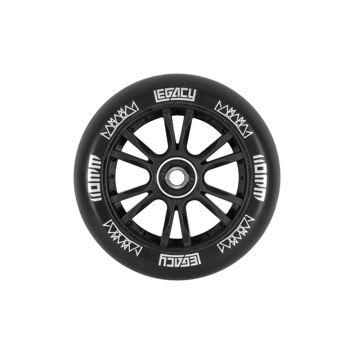 A 110mm black scooter wheel featuring a metallic core, designed for the Legacy 1.5 Mini Pro Complete Stunt Scooter in Rainbow Neochrome/Black, highlights the word "LEGACY" and white geometric patterns along the rim. Perfect for skatepark sessions, this stylish wheel embodies sophistication.