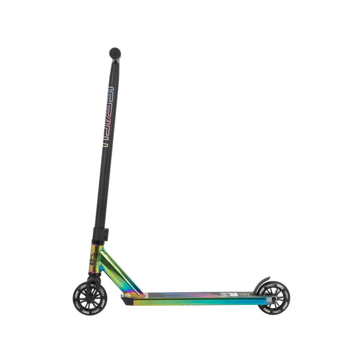 The Legacy 1.5 Ventus Pro Complete Stunt Scooter by Legacy features a rainbow neochrome deck, black handlebar, and small black wheels, shown in side view against a white background.