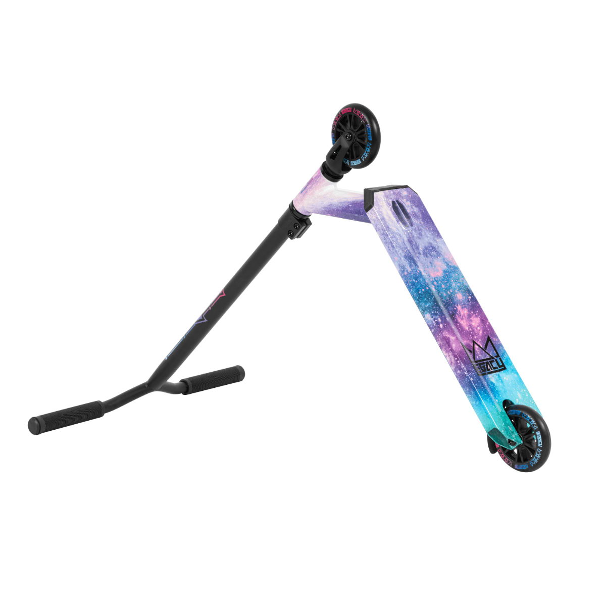 The Legacy Hydro Drip Complete Stunt Scooter - Alien Galaxy from Legacy is a foldable kick scooter featuring a galaxy-inspired Hydro Dip graphic design on the deck and handlebars. It boasts Hi-Ten Steel Y Bar, black wheels, and grips that display a vibrant mix of purple, blue, and pink hues.