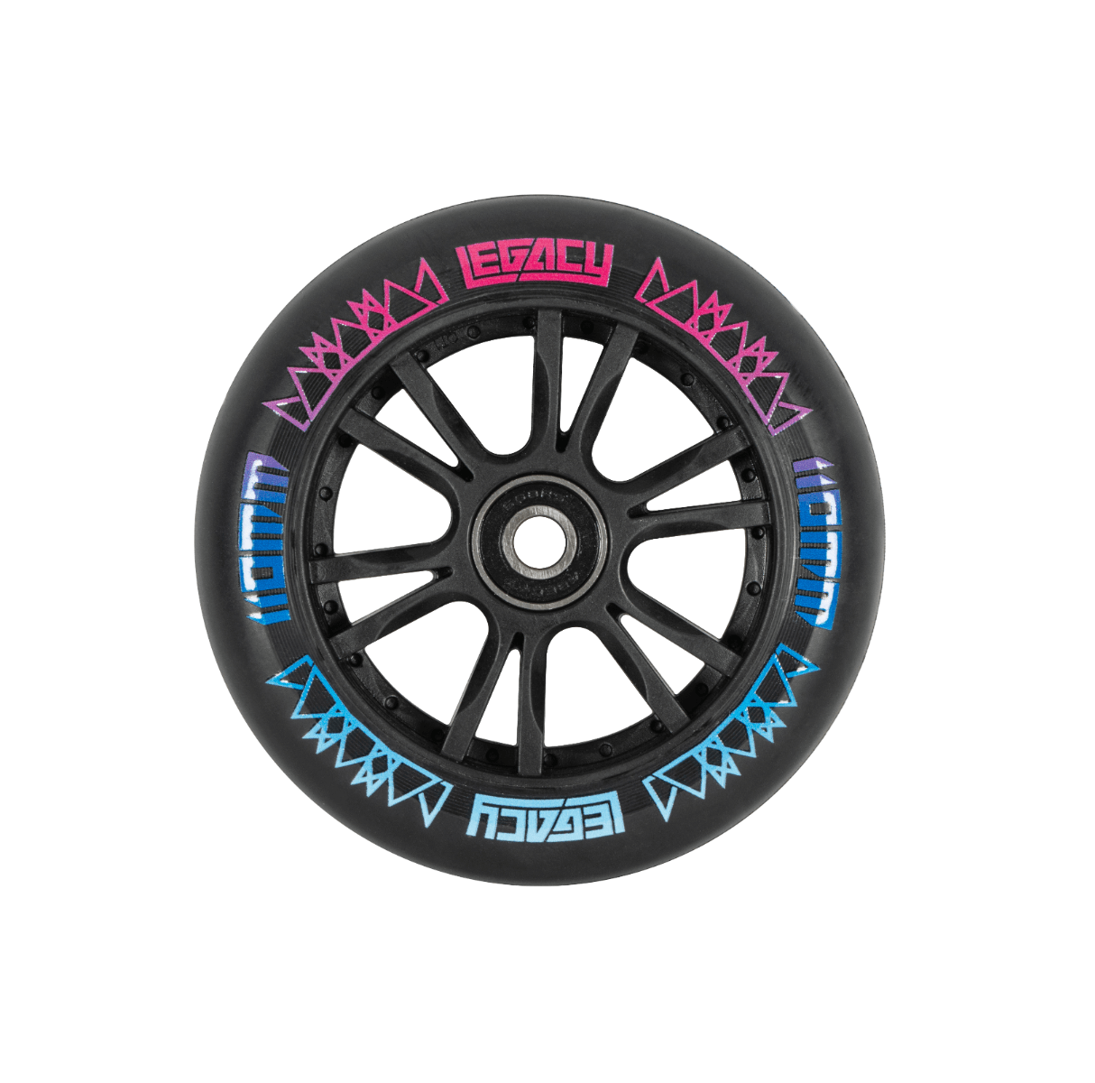 Close-up of a black wheel featuring angular patterns in pink and blue along its outer edge, evoking a galaxy-inspired Hydro Dip design. The word "Legacy" appears in pink at the top and upside down in blue at the bottom. This wheel, part of the Legacy Hydro Drip Complete Stunt Scooter - Alien Galaxy by Legacy, showcases multiple black spokes extending from its center.