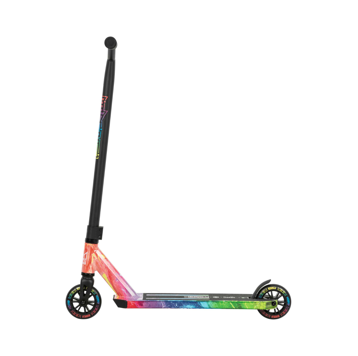 The Legacy Hydro Drip Complete Stunt Scooter - Hectic Rainbow by Legacy features an eye-catching rainbow design on its deck and downtube. It includes sophisticated black Hi-Ten Steel Y Bars and wheels adorned with brilliant multicolored accents that stand out beautifully against a clean white background.