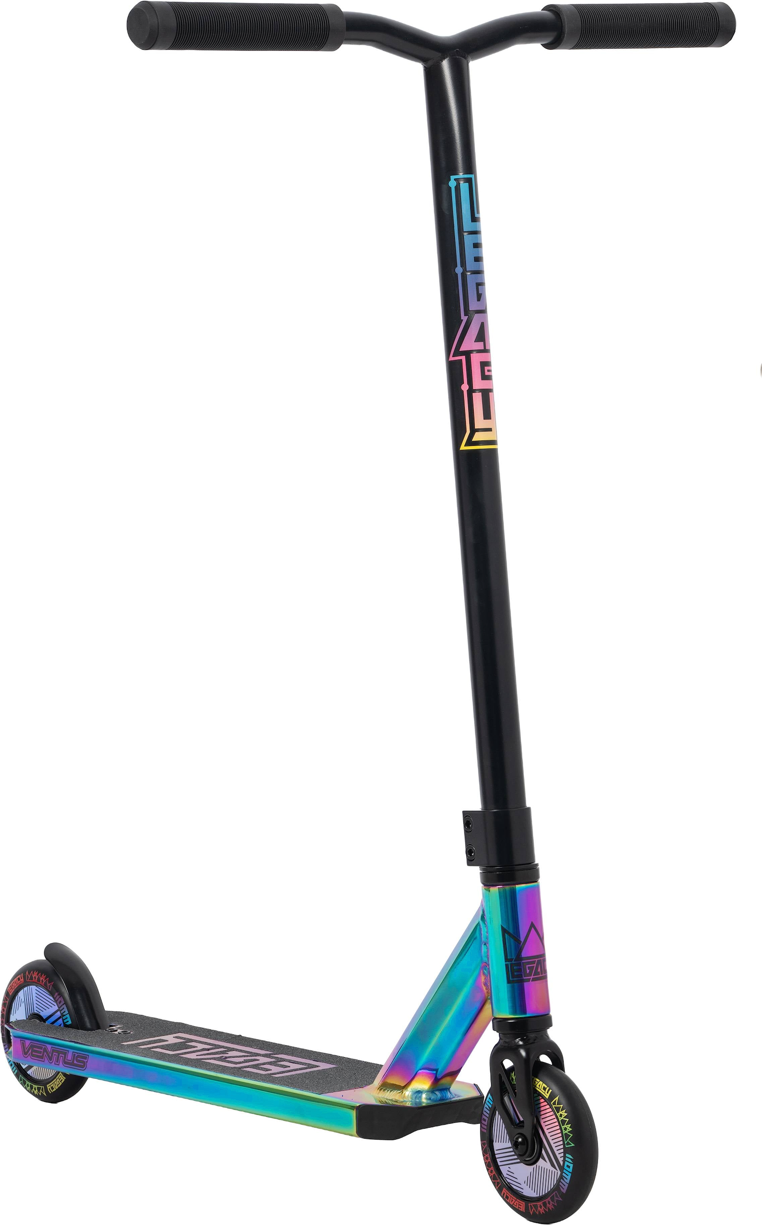 The Legacy 1.5 Pro Ventus Complete Stunt Scooter by Legacy features a striking rainbow neochrome finish with a black handlebar, iridescent deck, and matching wheels. The deck includes grip tape and bold graphics for added style and control. This durable stunt scooter stands upright against a white background.