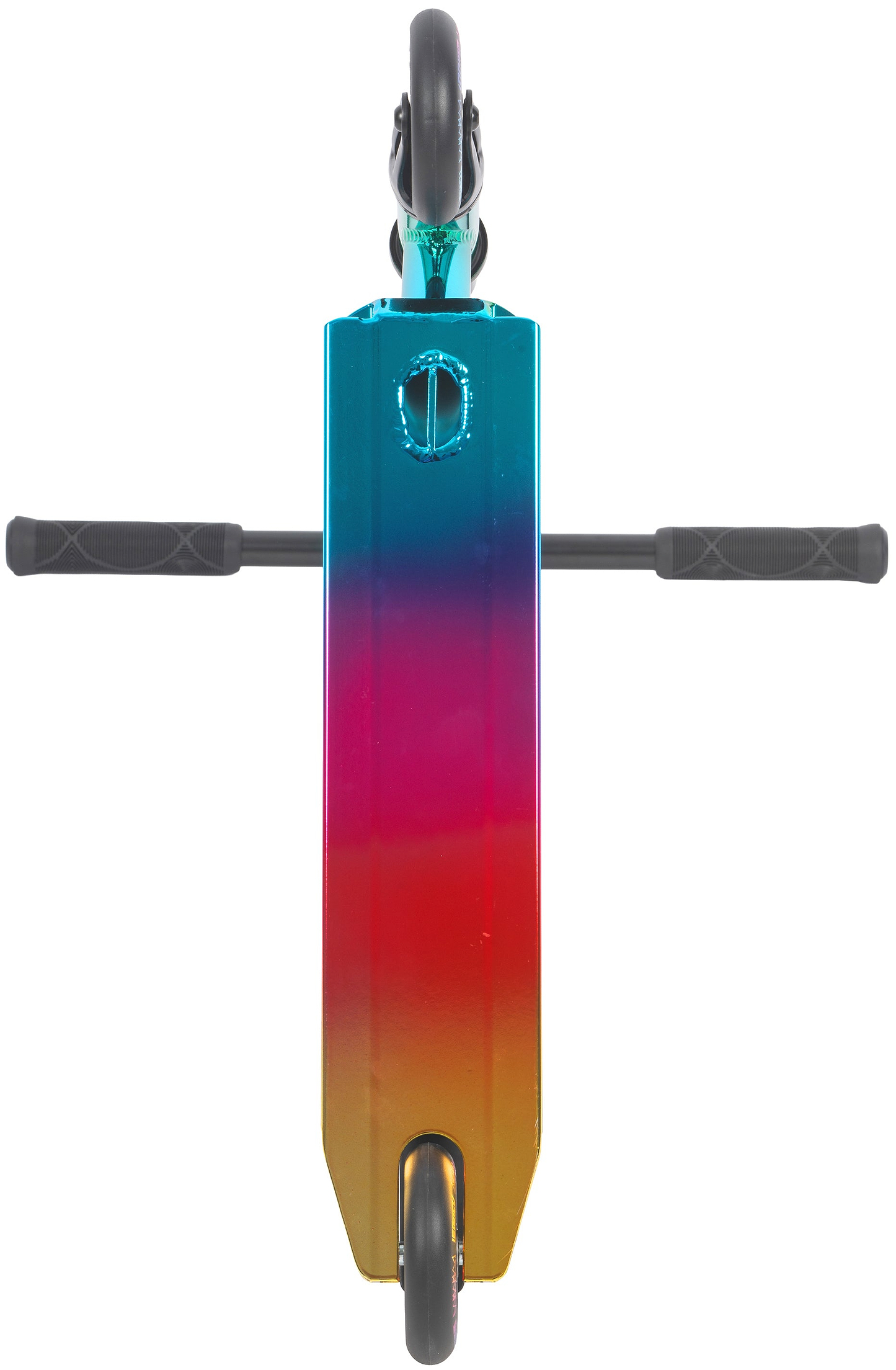 Top view of the Legacy Raze Complete Stunt Scooter by Legacy in Oil Slick/Neochrome, with black handlebars and wheels, and a deck showcasing a blue-to-pink-to-orange metallic gradient.