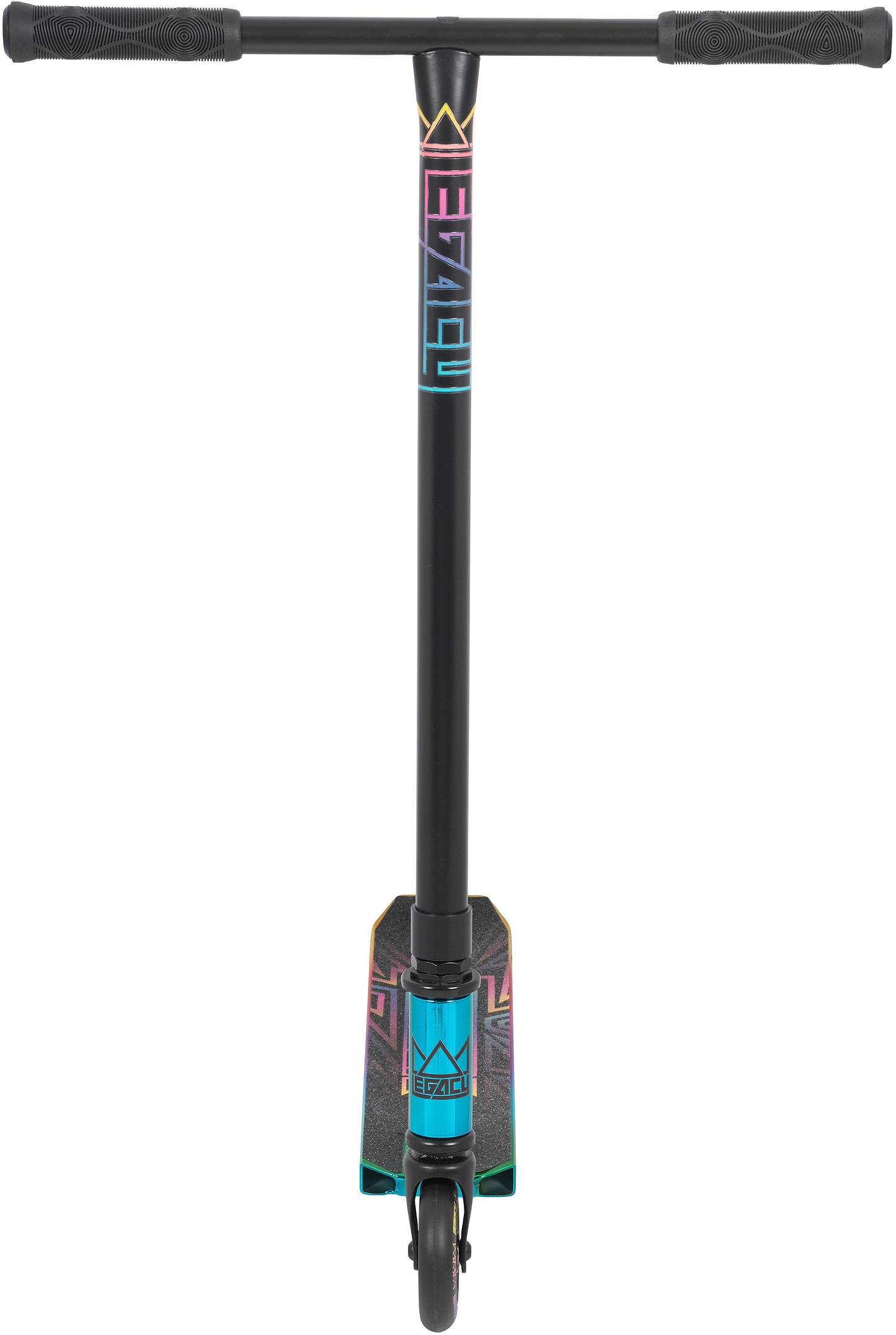 Front view of the Legacy Raze Complete Stunt Scooter in Oil Slick/Neochrome by Legacy, featuring colorful geometric stem and deck, single black front wheel, and textured handlebars—ideal for stylish beginner riders.