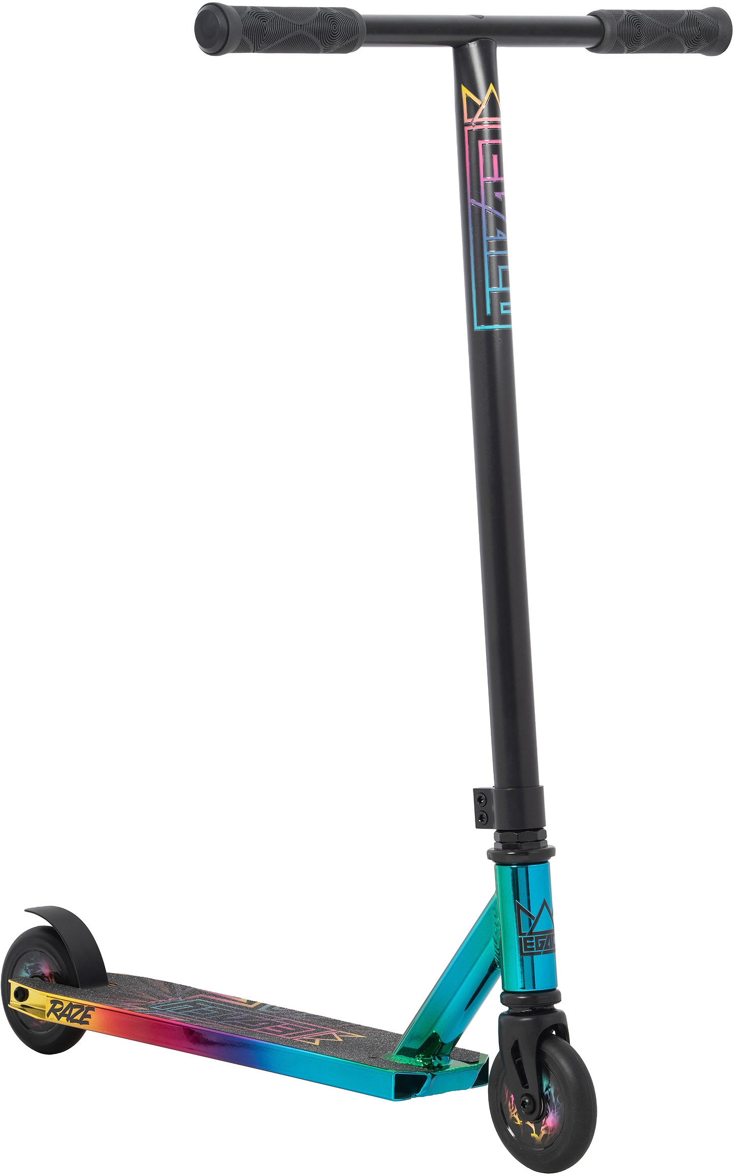 The Legacy Raze Complete Stunt Scooter - Oil Slick / Neochrome features a black handlebar, neochrome deck with RAZE logo and grip tape for traction, and black wheels—perfect for tricks and stunts.