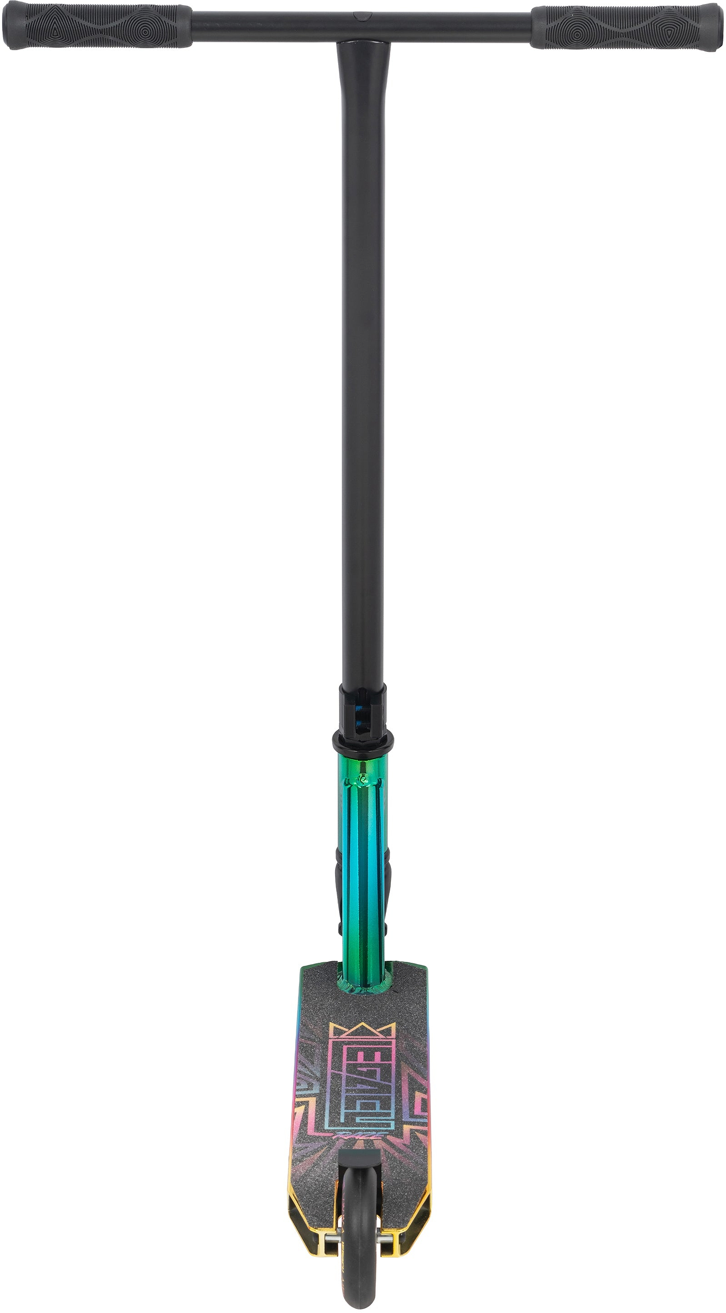 Front view of the Legacy Raze Complete Stunt Scooter by Legacy in Oil Slick/Neochrome, featuring a T-shaped handlebar, textured deck with colorful geometric design, and single front wheel—ideal for beginners learning new tricks.