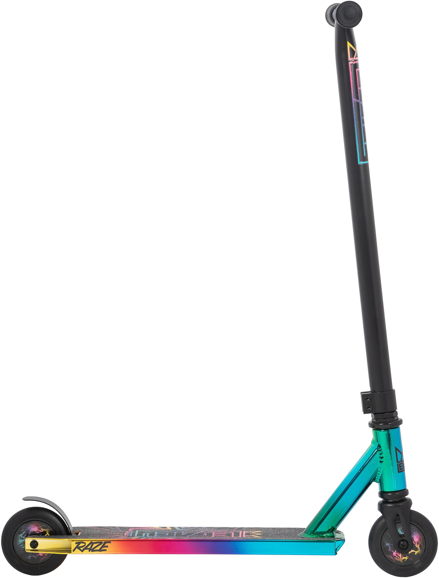 The Legacy Raze Complete Stunt Scooter by Legacy features an oil slick/neochrome gradient deck, a black handlebar, and black wheels, offering a sleek, modern freestyle design.