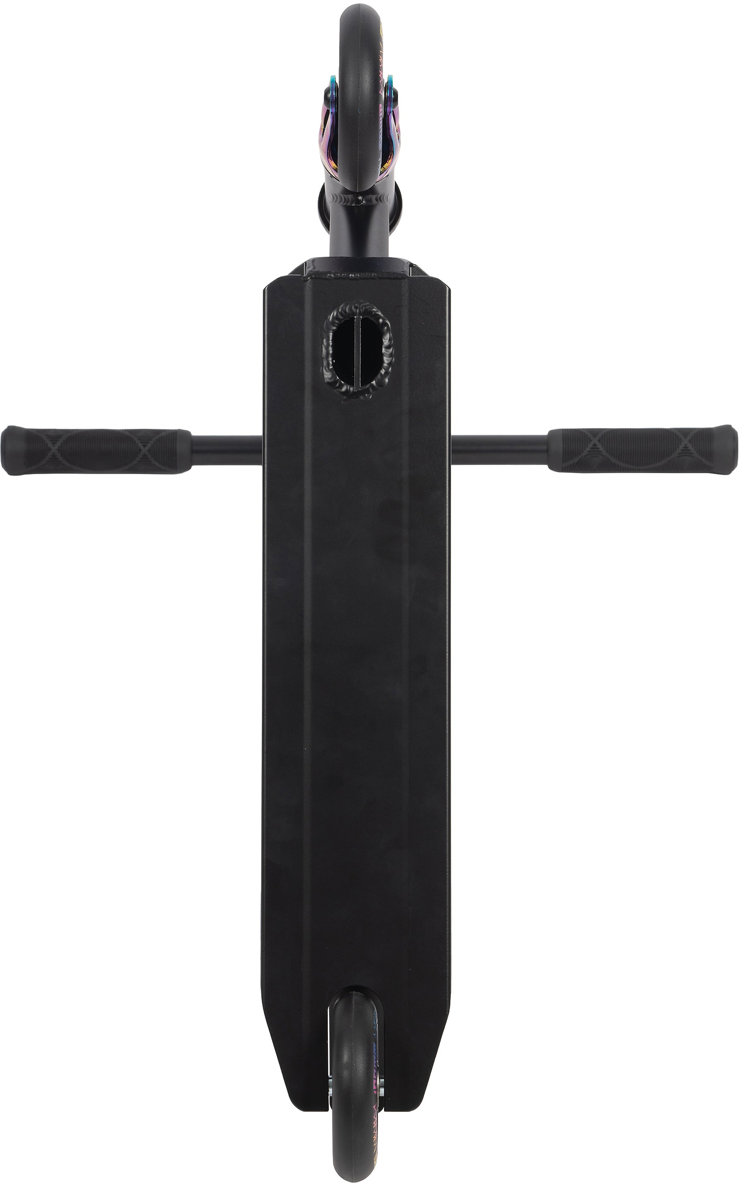 Top-down view of the Legacy Raze Complete Stunt Scooter by Legacy in Black / Oil Slick Neochrome, showing handlebars extended sideways with one wheel visible at the top and one at the bottom.