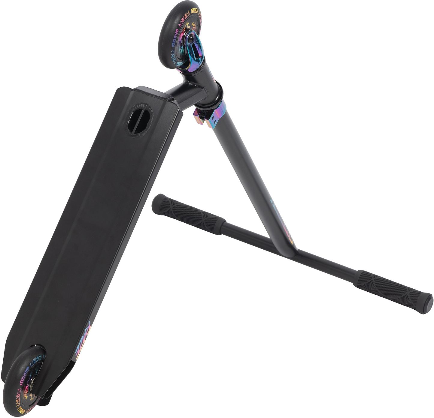 The Legacy Raze Complete Stunt Scooter - Black / Oil Slick Neochrome by Legacy is displayed from an angled side view, showcasing its deck, handlebars, and wheels with vibrant neochrome accents.