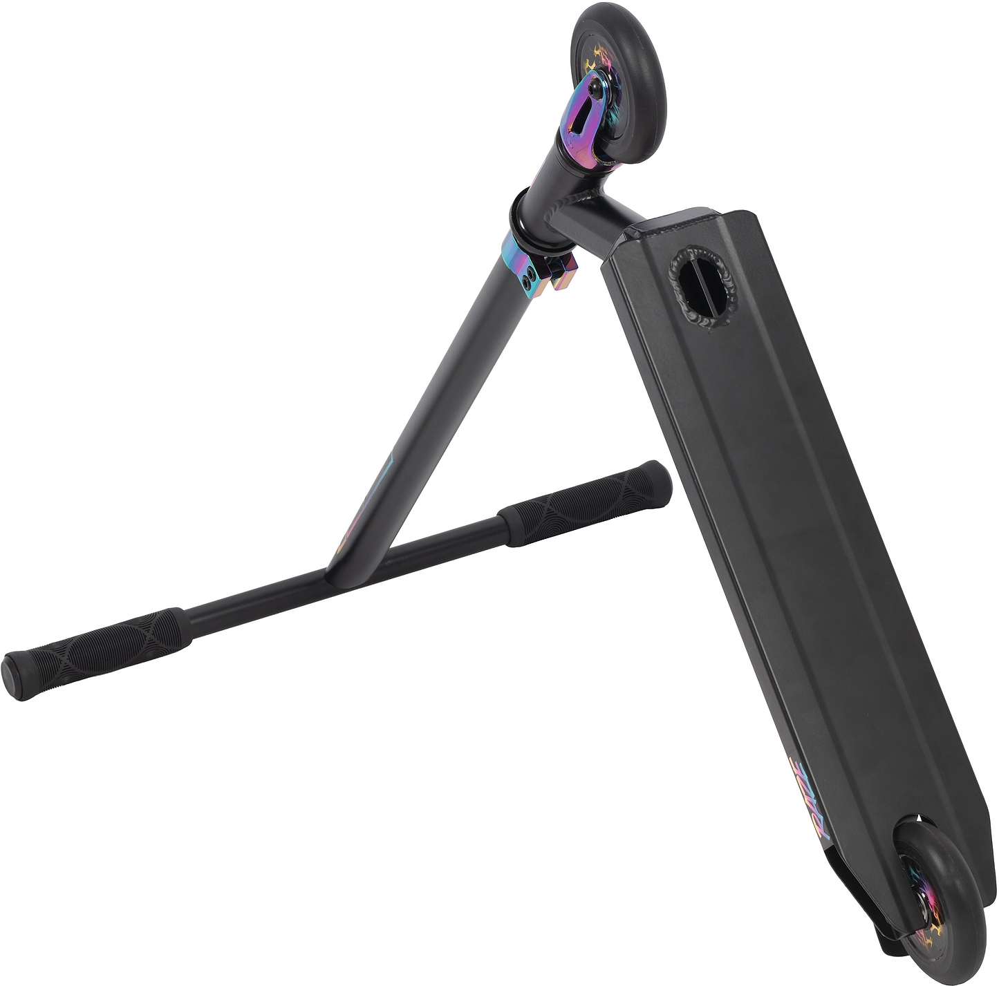 The Legacy Raze Complete Stunt Scooter - Black / Oil Slick Neochrome is shown with its deck tilted upward and handlebars flat, highlighting the underside of the deck and front wheel assembly.