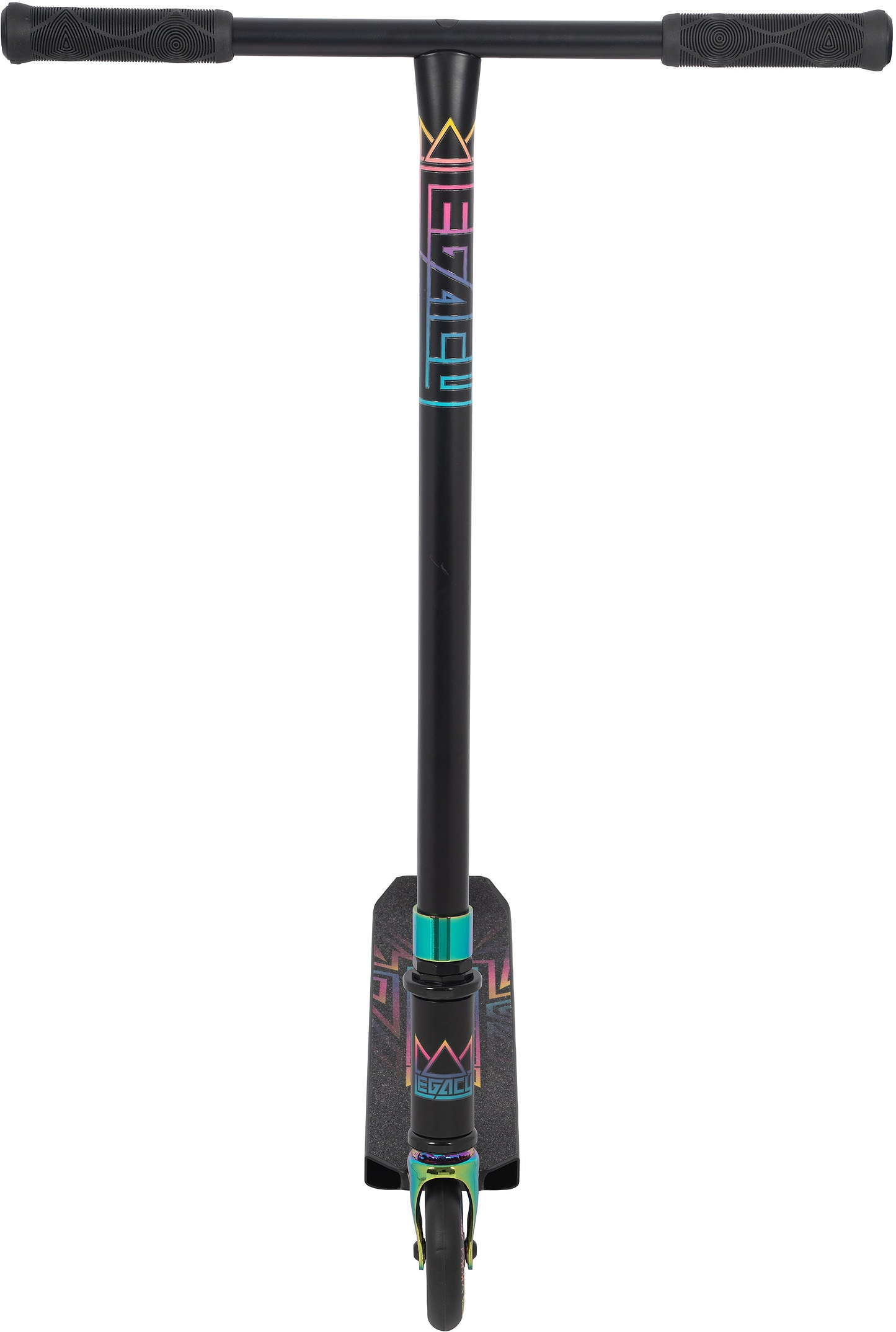 The Legacy Raze Complete Stunt Scooter by Legacy features a black front view with oil slick neochrome accents, teal and pink geometric details, a textured foot deck, and black handlebars.
