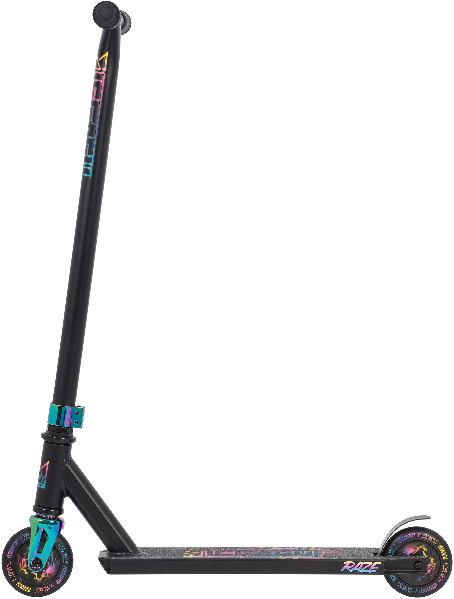 The Legacy Raze Complete Stunt Scooter by Legacy features a black design with oil slick neochrome details on the wheels, neck, and deck, displayed in a side view against a white background.