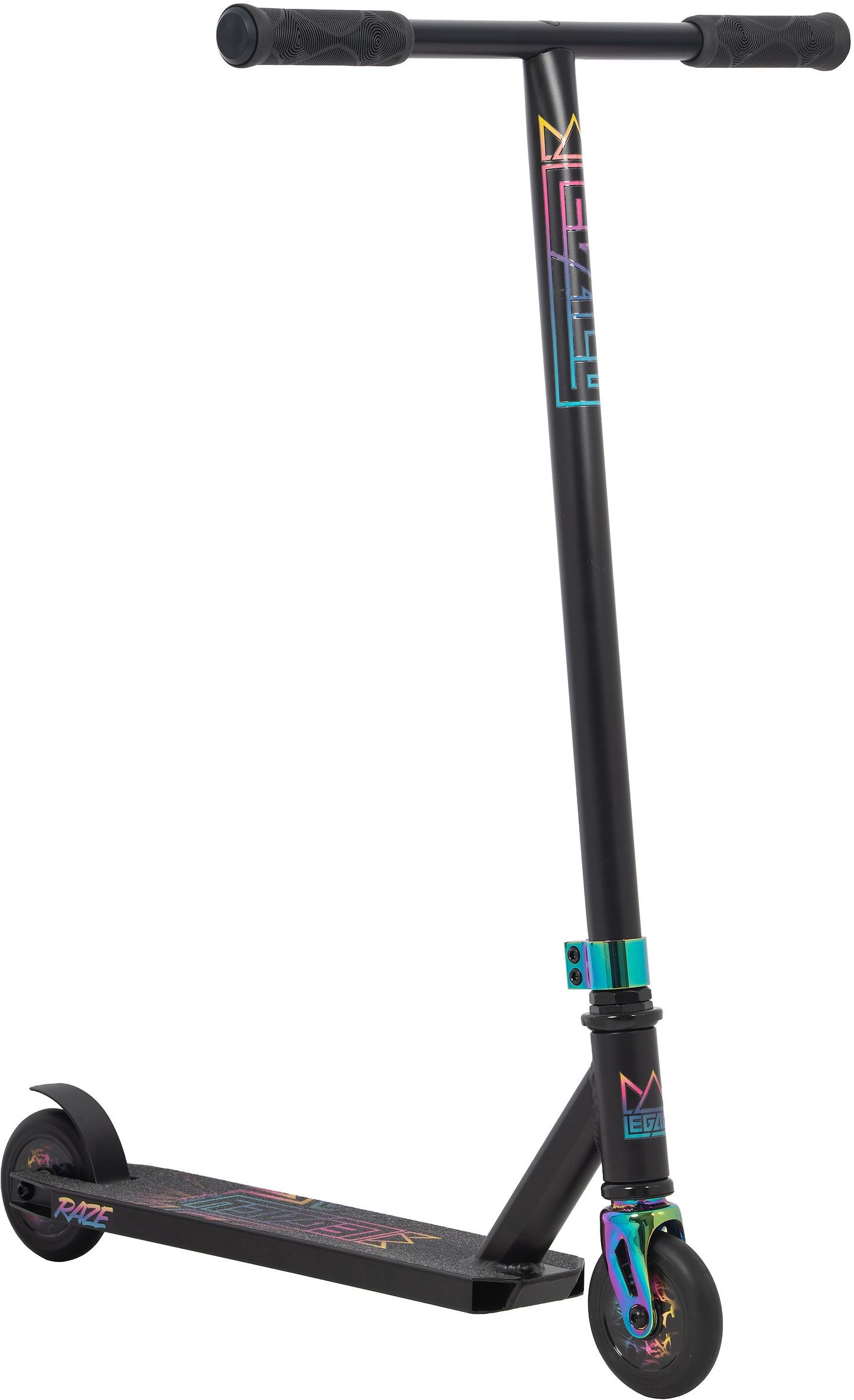 The Legacy Raze Complete Stunt Scooter by Legacy features a black frame, straight T-bar handle, oil slick neochrome clamp, and colorful geometric designs on the deck and frame, shown upright on a white background.