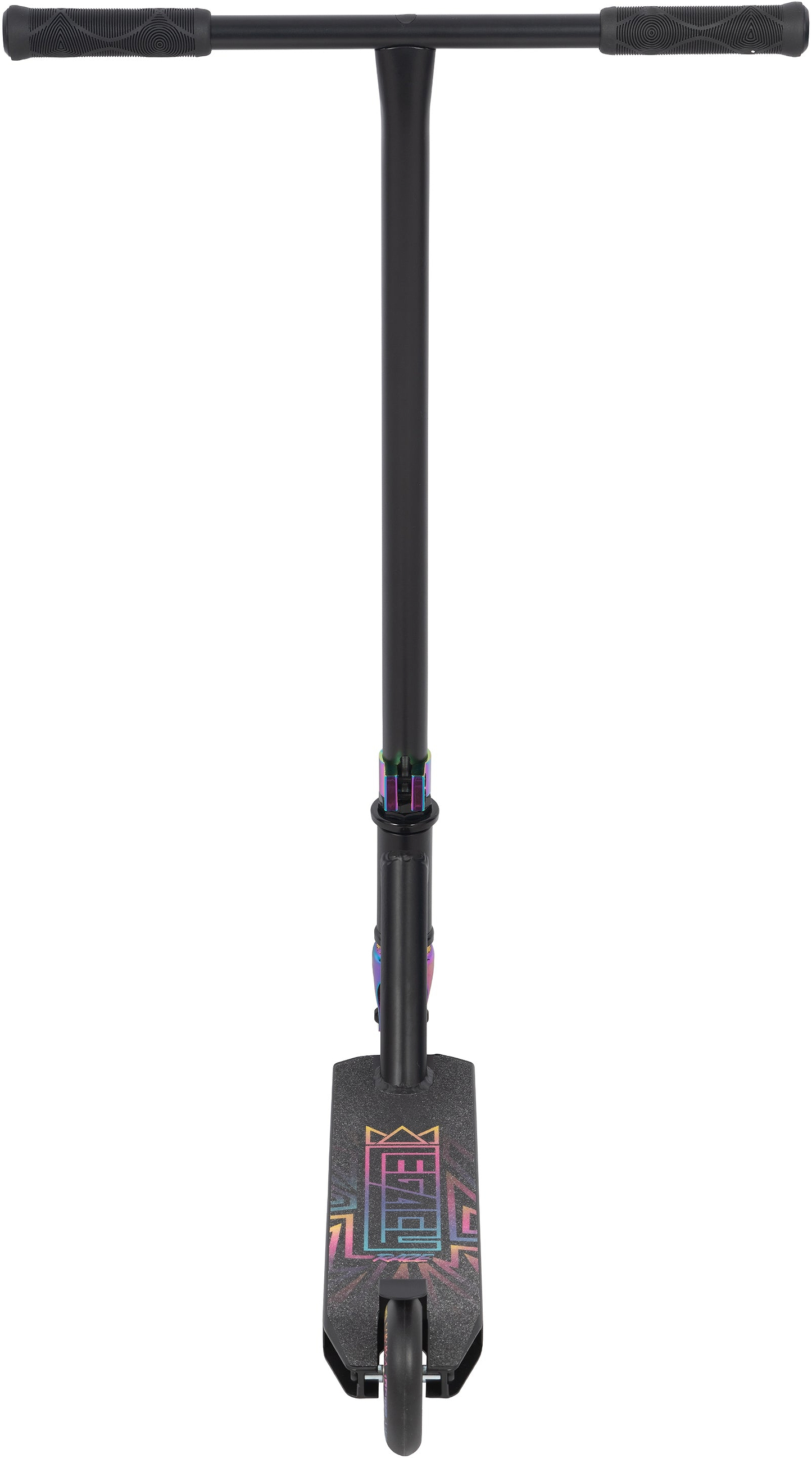 The Legacy Raze Complete Stunt Scooter by Legacy, in Black/Oil Slick Neochrome, features a straight handlebar with grips and a vibrant geometric crown deck design—ideal for beginners seeking their first stunt scooter.