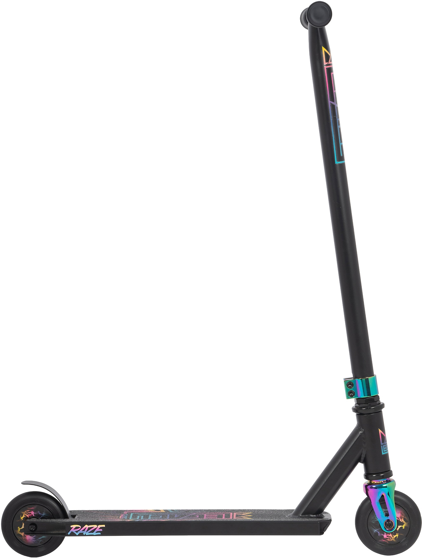 The Legacy Raze Complete Stunt Scooter by Legacy, in black with oil slick neochrome accents and a vibrant deck design, stands upright on a white background for a modern, eye-catching look ideal for beginners.