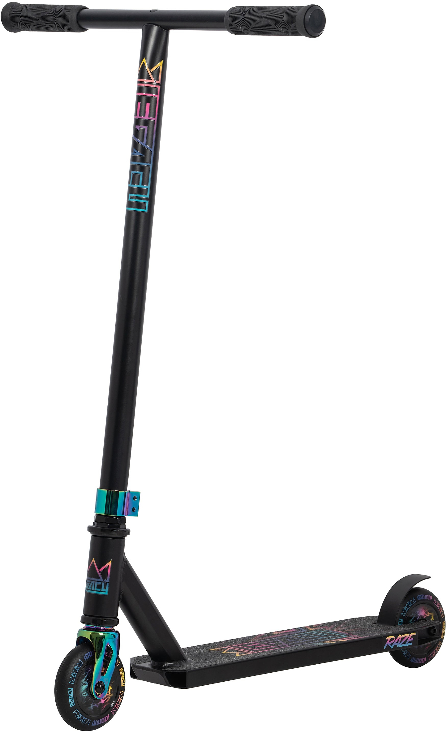 The Legacy Raze Complete Stunt Scooter in Black/Oil Slick Neochrome features eye-catching oil slick accents on the wheels, clamp, headset, and deck, plus "Legacy" branding on the deck and handlebar. Perfect for beginners.