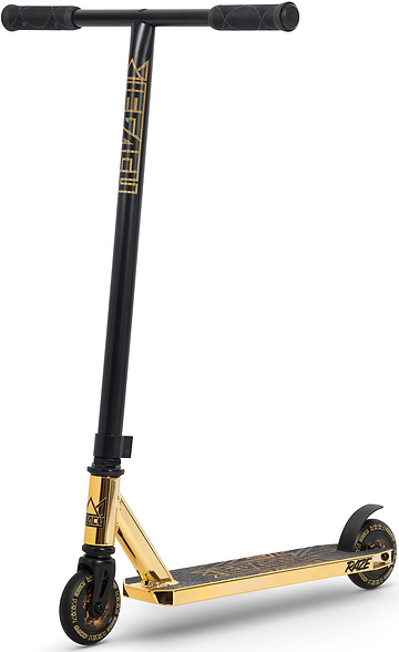 The Legacy Raze Complete Stunt Scooter – Gold/Black features a T-shaped handlebar, black grips, small wheels, and a gold deck with “Legacy” branding. Ideal for tricks and freestyle riding at the park.