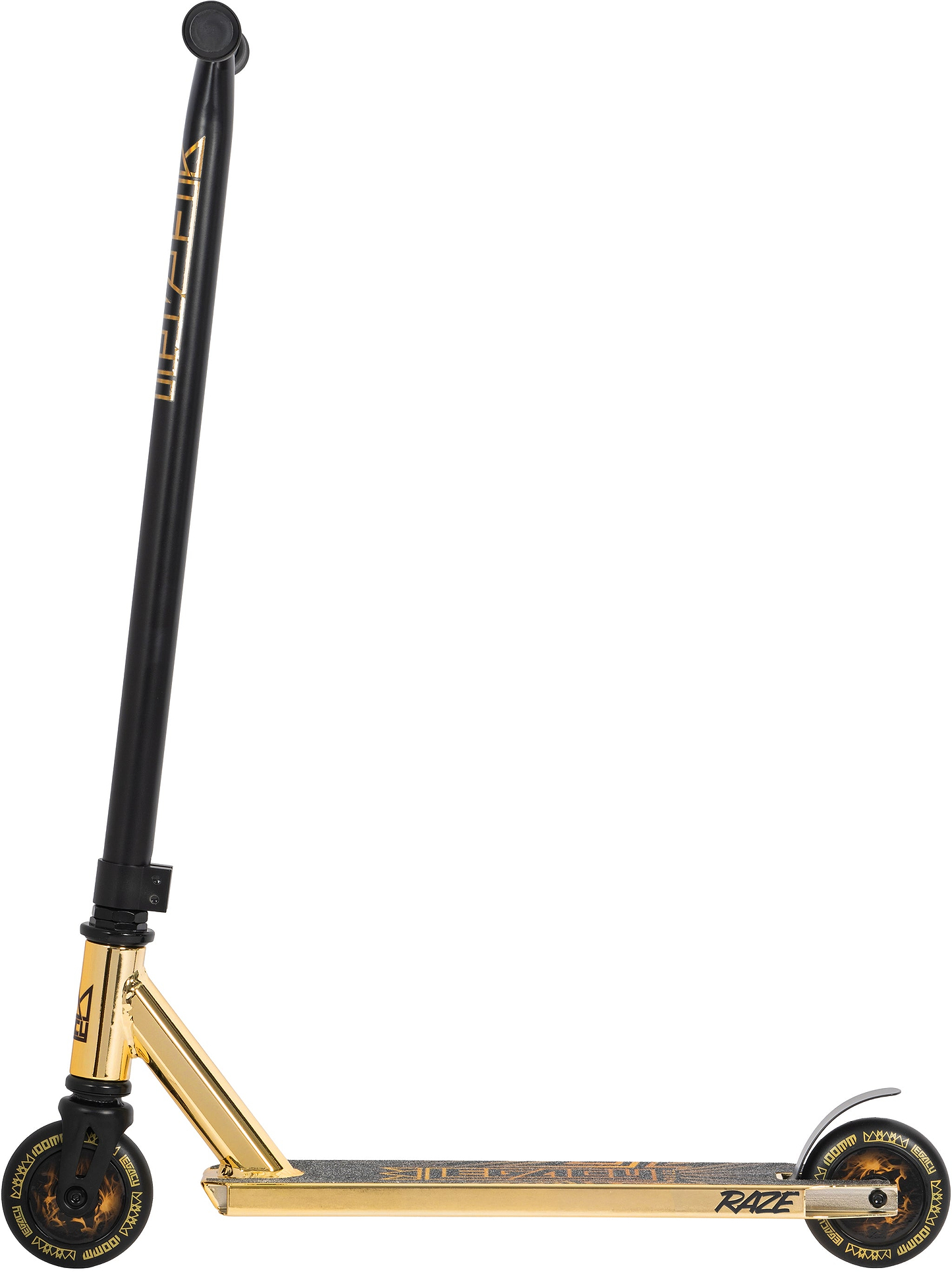 The Legacy Raze Complete Stunt Scooter by Legacy features a gold and black design with a straight black handlebar, black wheels, and gold accents—ideal for the park. Shown from the side against a white background.