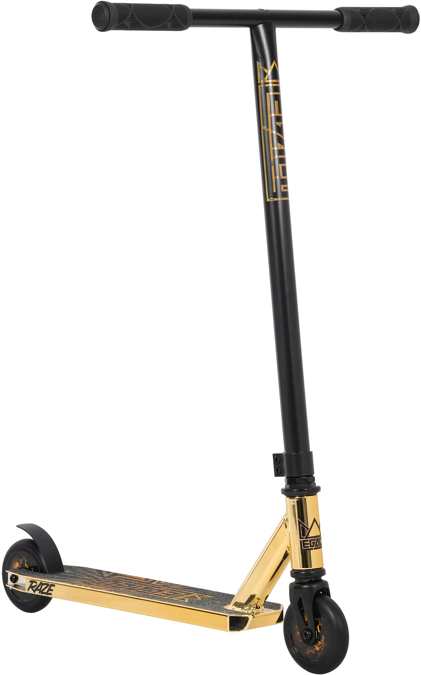 The Legacy Raze Complete Stunt Scooter by Legacy features a black and gold design, T-bar handle with black grips, small black wheels, and a deck with gold accents and textured surface—perfect for the park.