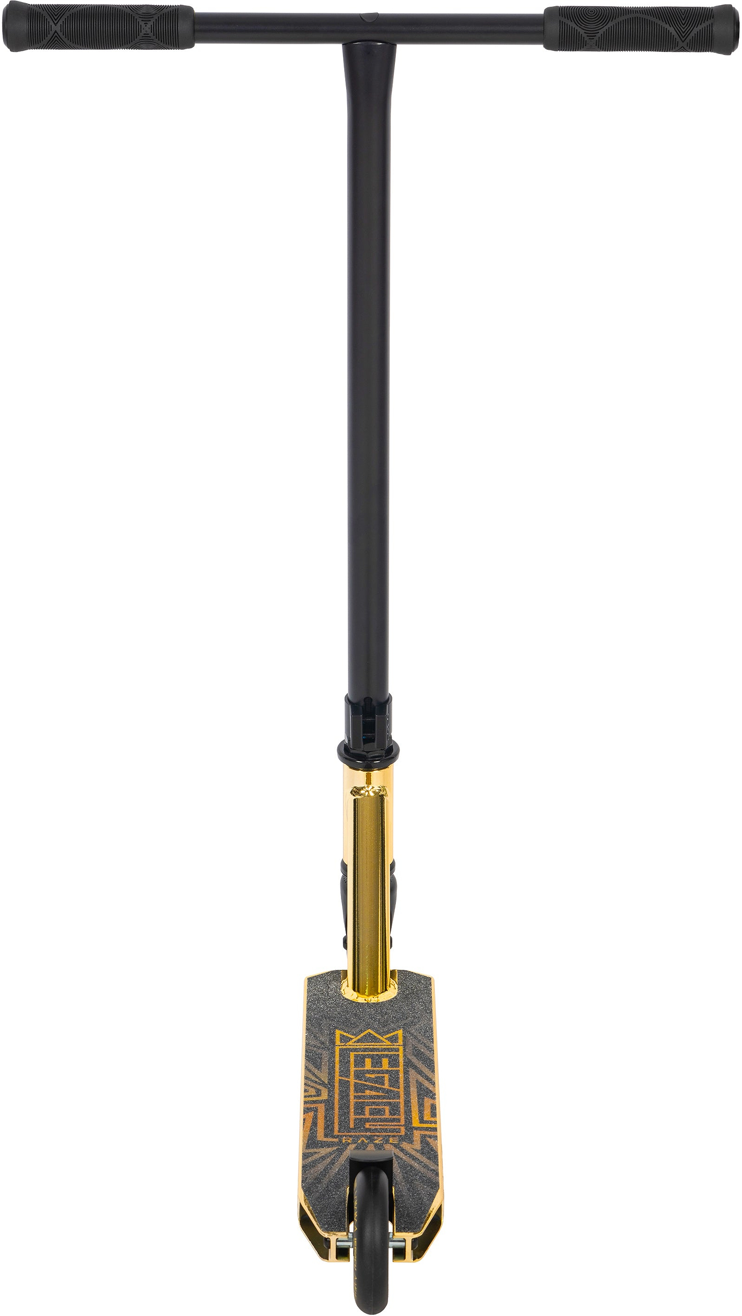 The Legacy Raze Complete Stunt Scooter by Legacy is shown front-facing in gold and black, with a T-shaped handlebar, gold neck accents, and a geometric deck pattern above its single front wheel.
