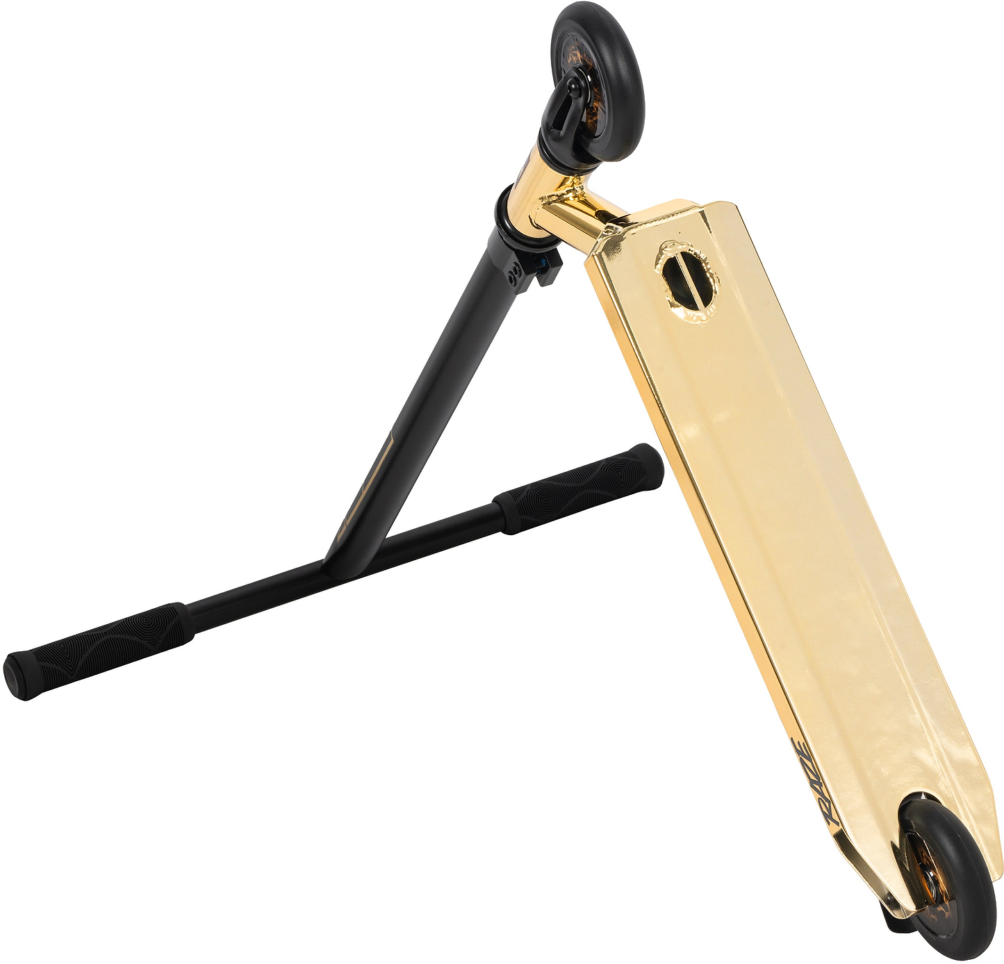 The Legacy Raze Complete Stunt Scooter by Legacy is shown on its side, featuring a gold deck, black handlebars with grips, and black wheels.