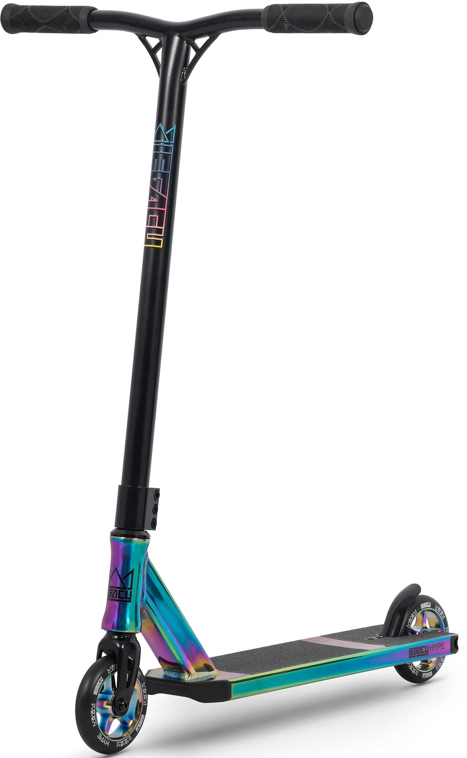 Introducing the Legacy Hype Complete Stunt Scooter - Rainbow Neochrome by Legacy, featuring a black handlebar, iridescent rainbow neochrome deck and fork, black grips, black grip tape on the deck, and metal core wheels—perfect for riders who want to stand out at the skatepark.
