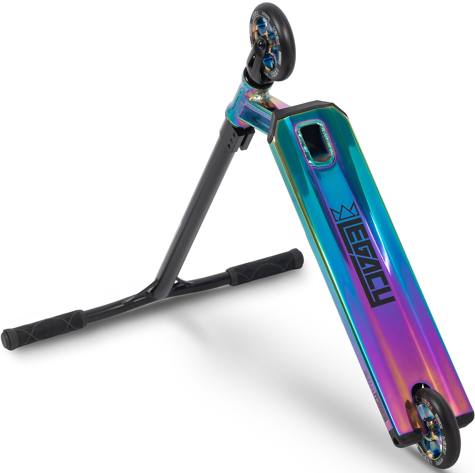 A vibrant Legacy Hype Complete Stunt Scooter - Rainbow Neochrome by Legacy, featuring black handlebars and “LEGACY” boldly printed on the deck, is shown resting on its side—ideal for showcasing your tricks at the skatepark.