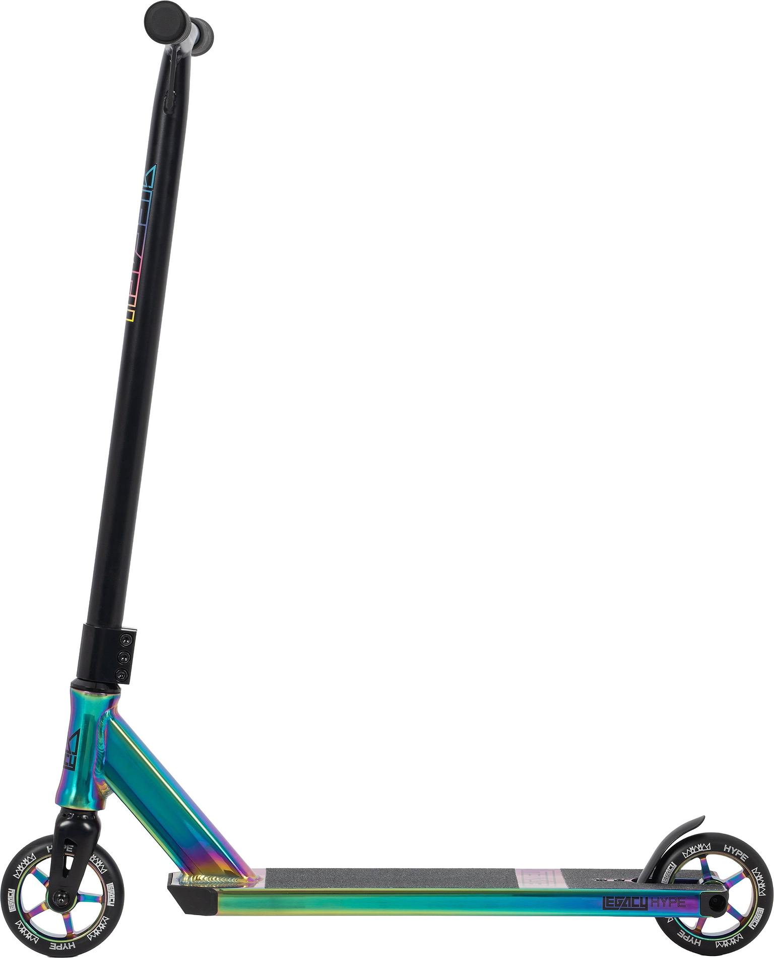 The Legacy Hype Complete Stunt Scooter - Rainbow Neochrome by Legacy features a black handlebar, a striking metallic rainbow neochrome deck and fork, and two small black wheels—perfect for thrill-seeking riders looking for an iconic stunt scooter experience.