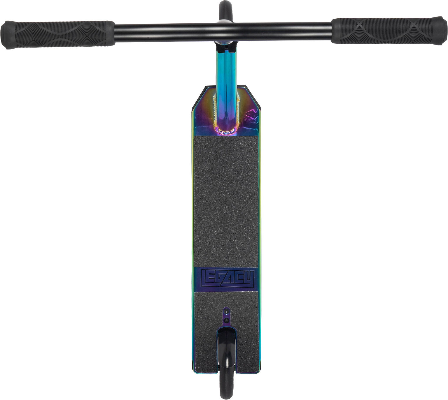 Top-down view of the Legacy Hype Complete Stunt Scooter - Rainbow Neochrome by Legacy, featuring black grips, a black deck with vibrant purple and blue accents, and “LEGACY” emblazoned on the deck above the front wheel—a design certain to fuel your legacy hype.