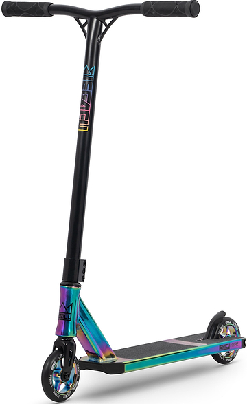 The Legacy Hype Complete Stunt Scooter by Legacy features a black handlebar paired with a vibrant rainbow neochrome deck and front fork, crafted for standout performance at the skatepark, and is displayed against a white background.