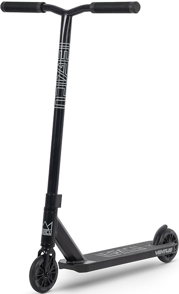 Introducing the Legacy Ventus Complete Stunt Scooter in Black by Legacy—a sleek black pro scooter designed for freestyle stunts. It features a T-shaped handlebar, black wheels, and bold “VENTUS” branding on both the deck and handlebar stem, making it an ideal stunt scooter for riders eager to make an impression at the skatepark.