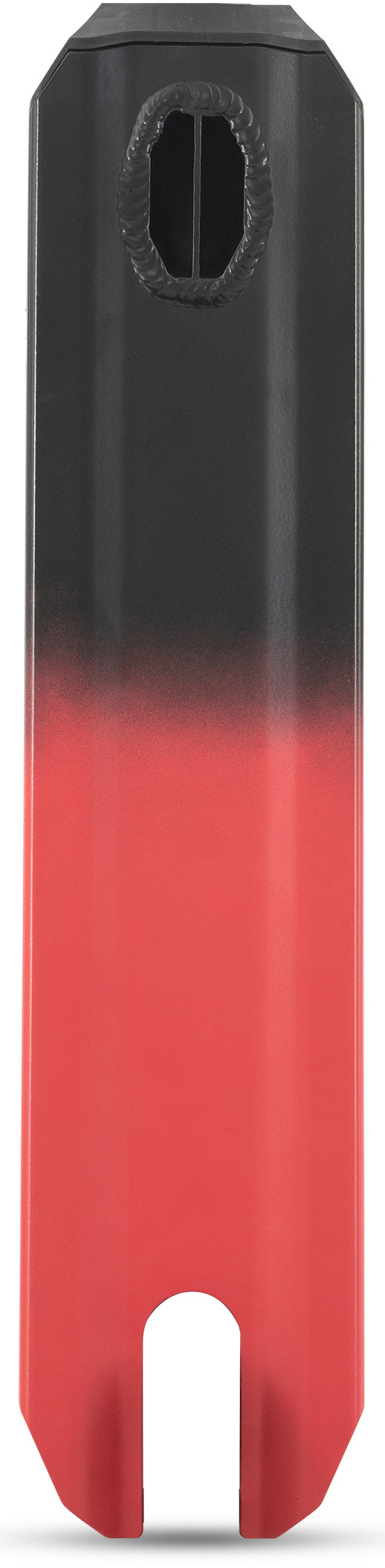 Upgrade your stunt scooter with the Legacy Fade Complete Stunt Scooter by Legacy, featuring a black-to-red fade finish, an oval hole near the top, and a U-shaped cutout at the bottom.