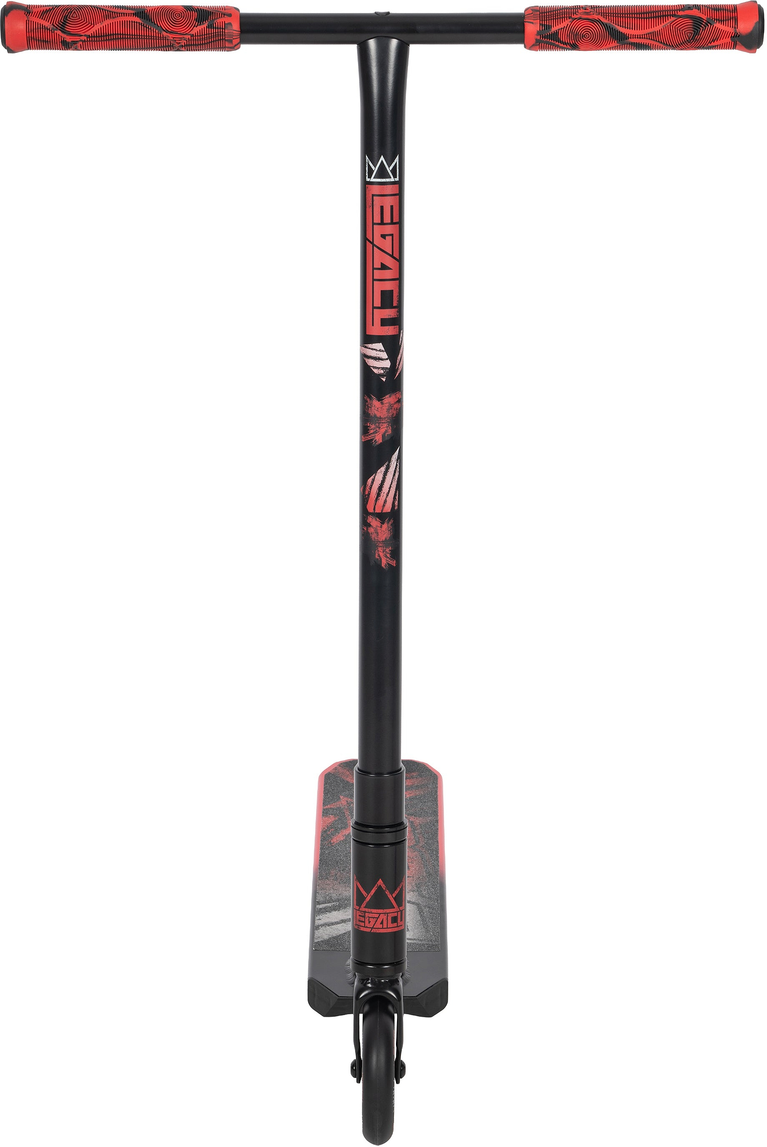 The Legacy Fade Complete Stunt Scooter in black and red features “LEGACY” on the stem, red grips, and a printed deck—ideal for beginners mastering tricks at the skatepark.