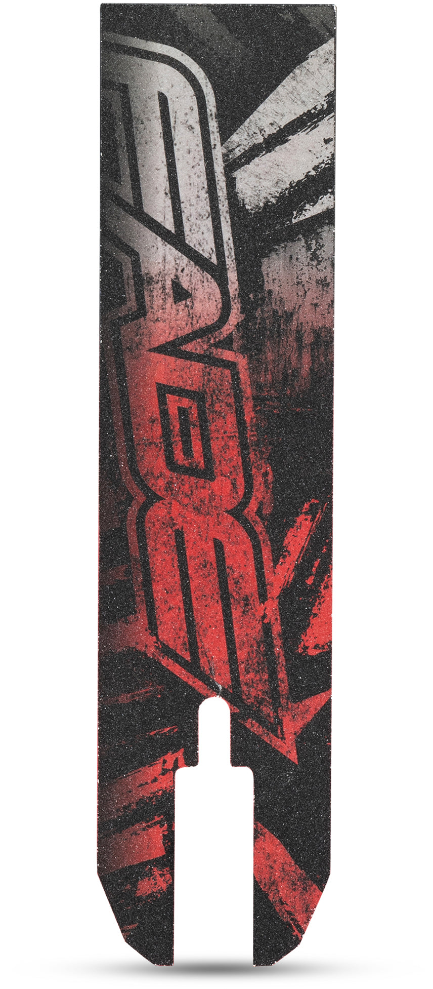 The Legacy Fade Complete Stunt Scooter - Black / Red by Legacy features a rectangular black grip tape with bold red and white graphics and a cut-out at the bottom center—perfect for your stunt or skatepark scooter.